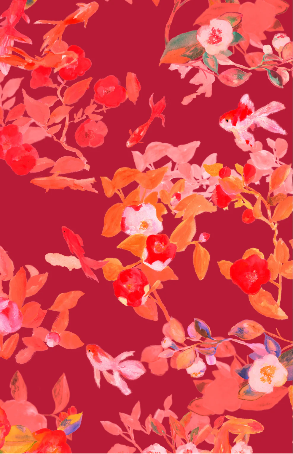 Vestido corte recto en lino estampado "Estanque peces y camelias" - Image 5