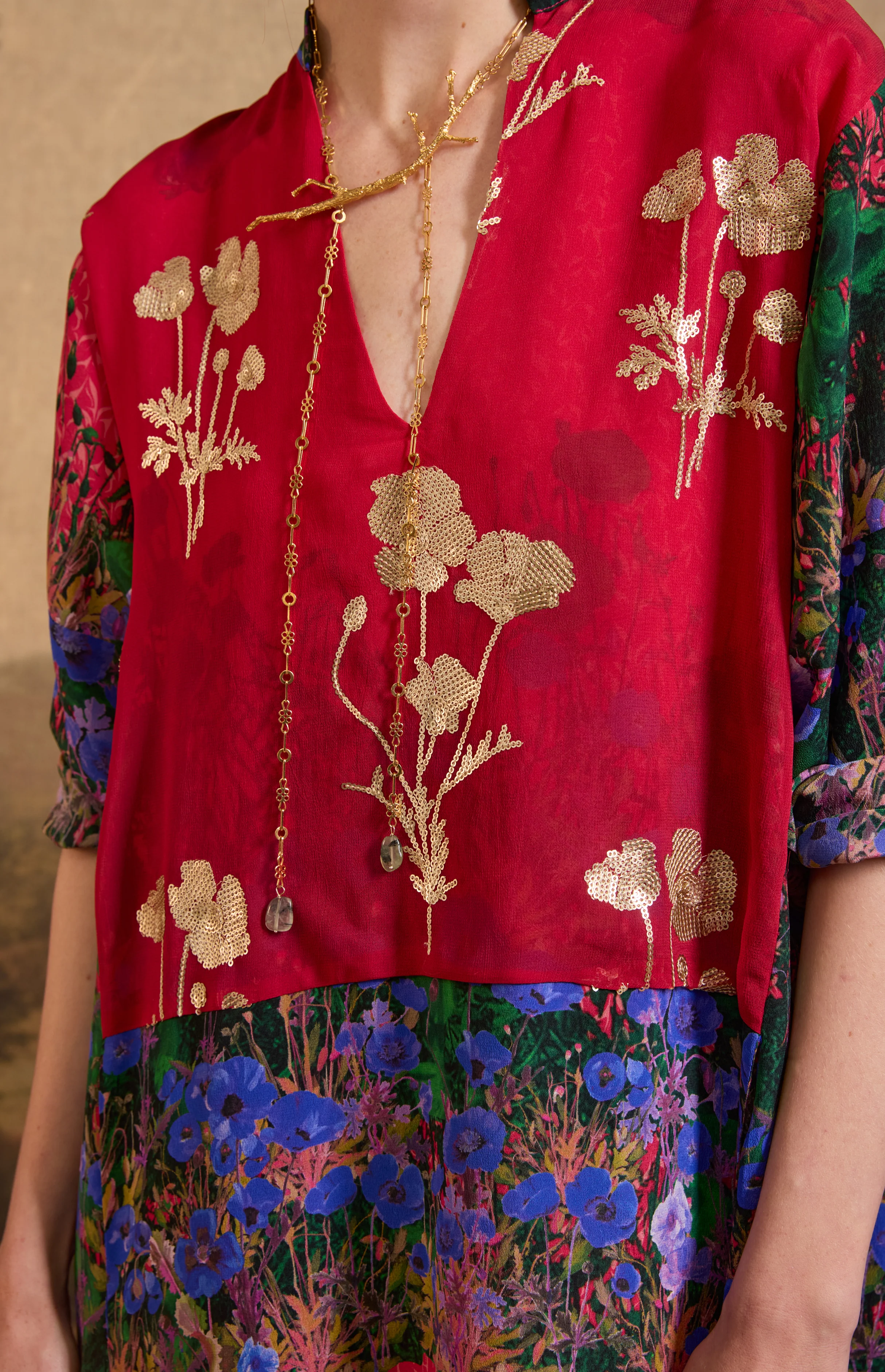 SS26-V009 Vestido kaftán 3/4 estampado "Campo de amapolas" - Image 4