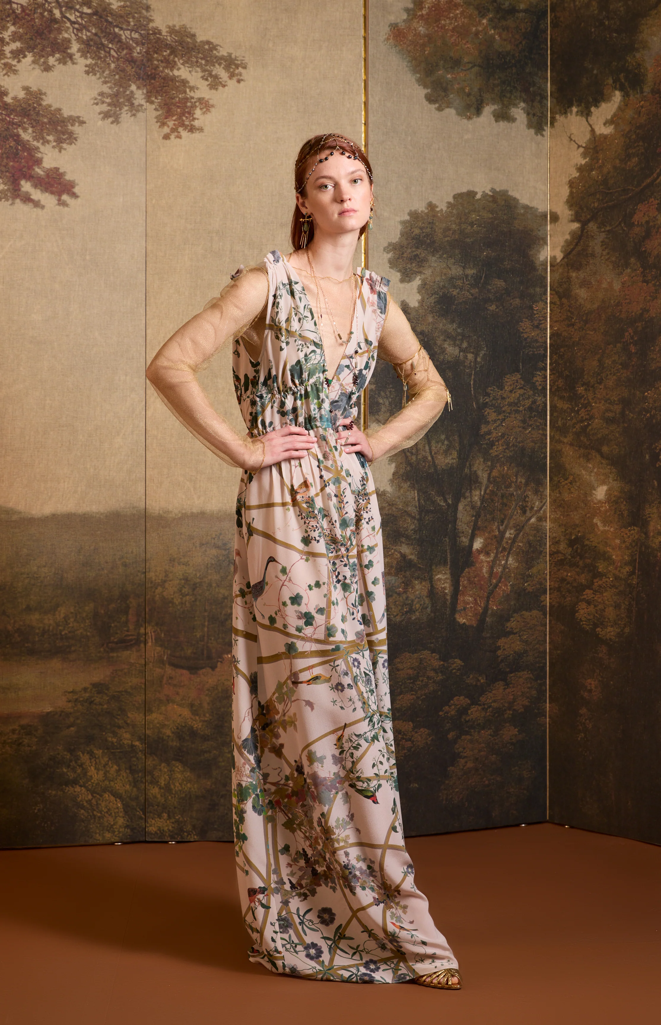 SS26-V024 Vestido romano estampado "Pérgola y pájaros" - Image 3