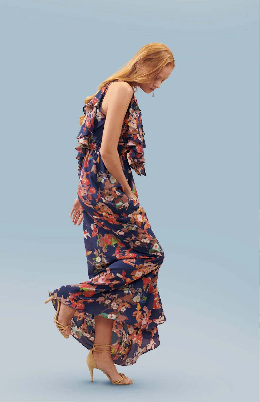 Vestido en seda estampado "Estanque peces y camelias" - Image 4