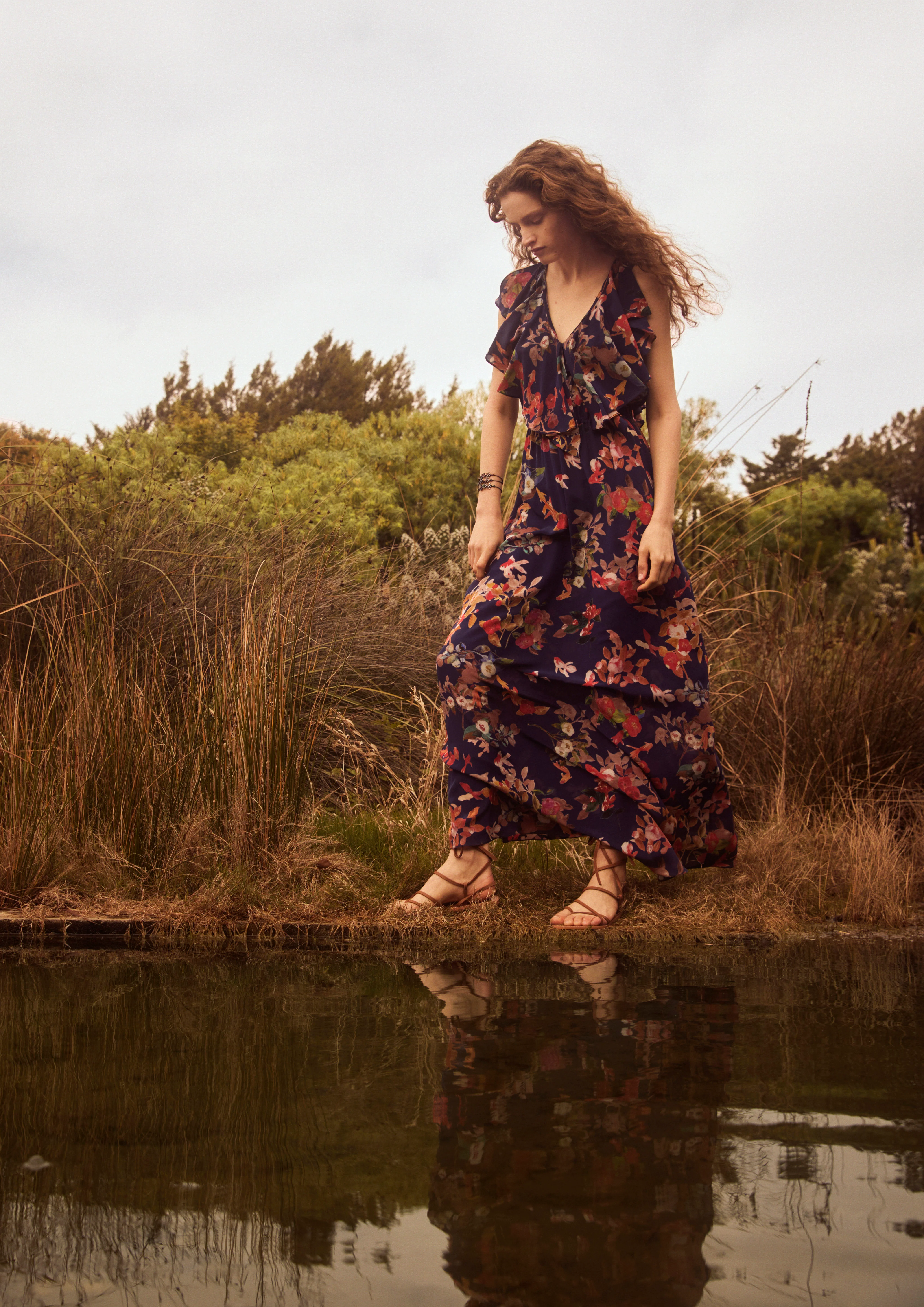 Vestido en seda estampado "Estanque peces y camelias" - Image 6