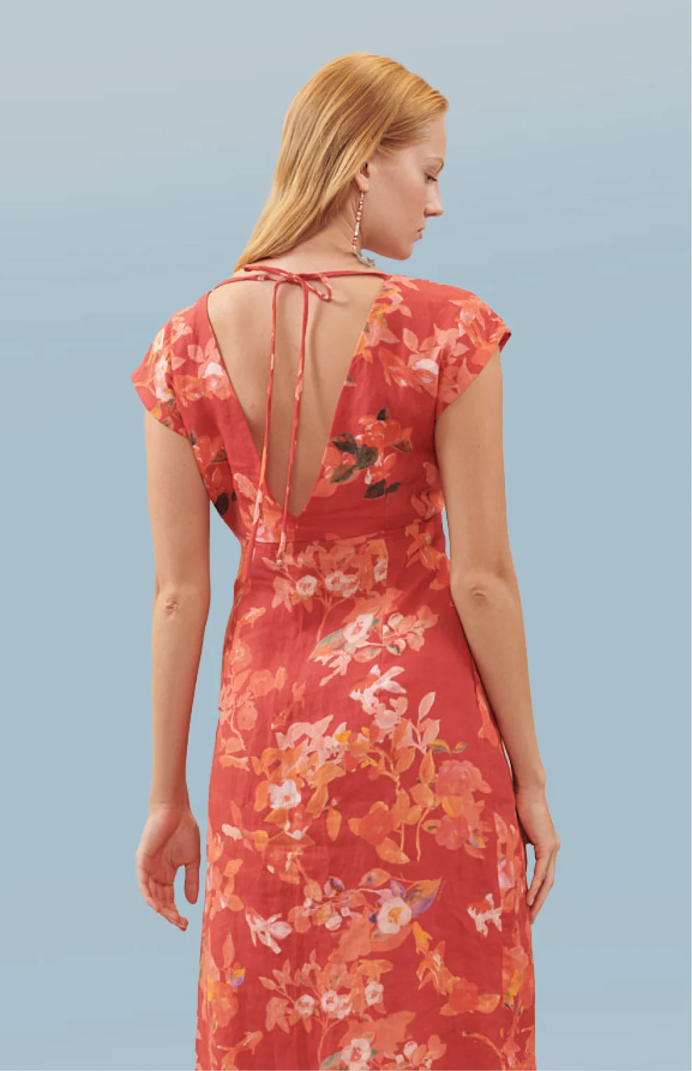 Vestido corte recto en lino estampado "Estanque peces y camelias" - Image 3