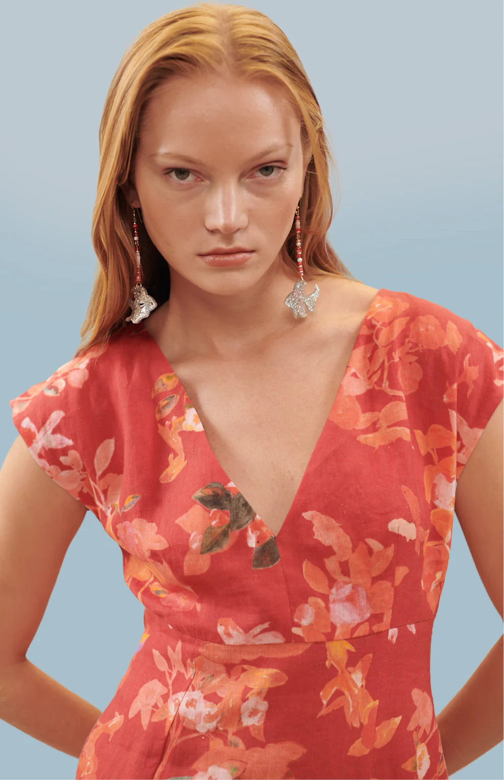 Vestido corte recto en lino estampado "Estanque peces y camelias" - Image 4